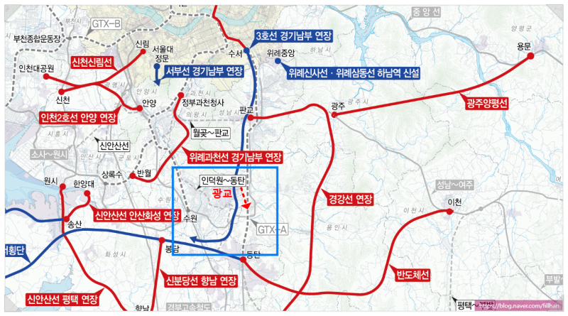 경기남부광역철도 예상 건의 노선도, 4개시 홍보자료를 통한 추정 : 네이버 블로그