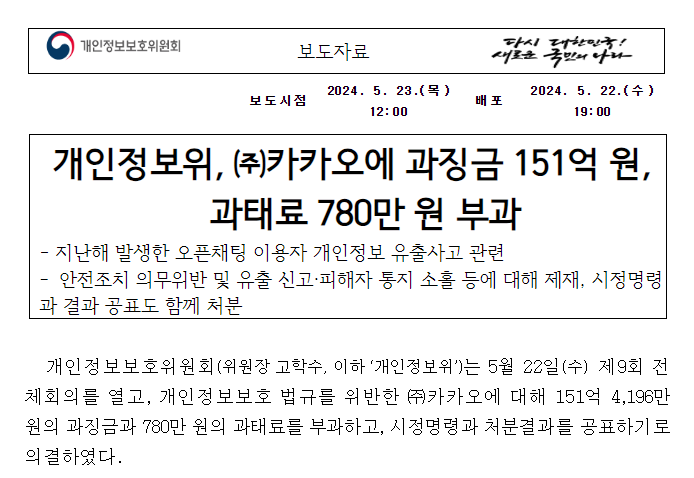  개보위, 카카오에 과징금 151억원 및 과태료 780만원 부과 - 카카오 오픈채팅 개인정보 유출사고 살펴보기