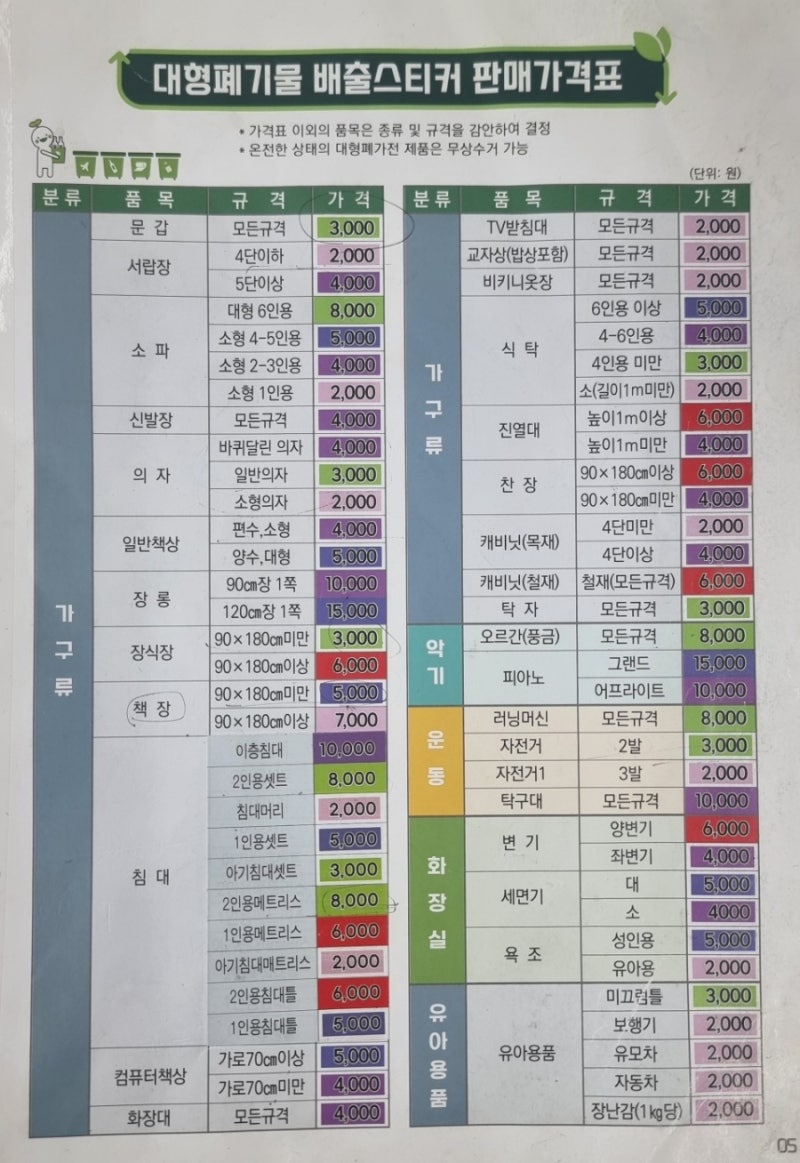 대형폐기물 스티커 판매가격표 가전가구 버리기 천안원룸 침대폐기