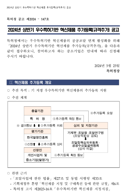 2024년 상반기 우수특허기반 혁신제품 추가등록(규격추가) 공고 2024년 상반기 우수특허기반 혁신제품 추가등록(규격추가) 공고