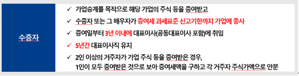  가업승계 증여세 과세특례의  수증자 요건은? 은행하고 상의없이 단독대표이사로 해도 될까?