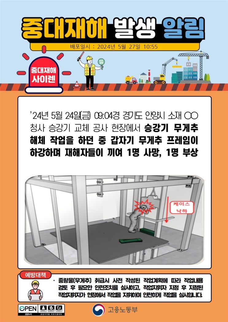  안양시 00청사 승강기 교체공사 현장 무게추 프레임 끼임사고