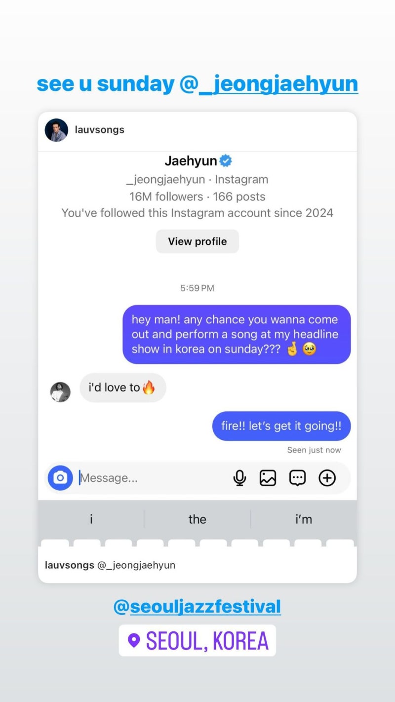 240529 nct127 재현 인스타스토리 라우브 Lauv 서울재즈페스티벌 도영 정우 페리페라 마크 인스타....