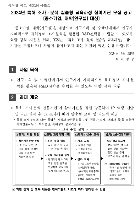 2024년 특허 조사ㆍ분석 실습형 교육과정 참여기관 모집 공고 2024년 특허 조사ㆍ분석 실습형 교육과정 참여기관 모집 공고
