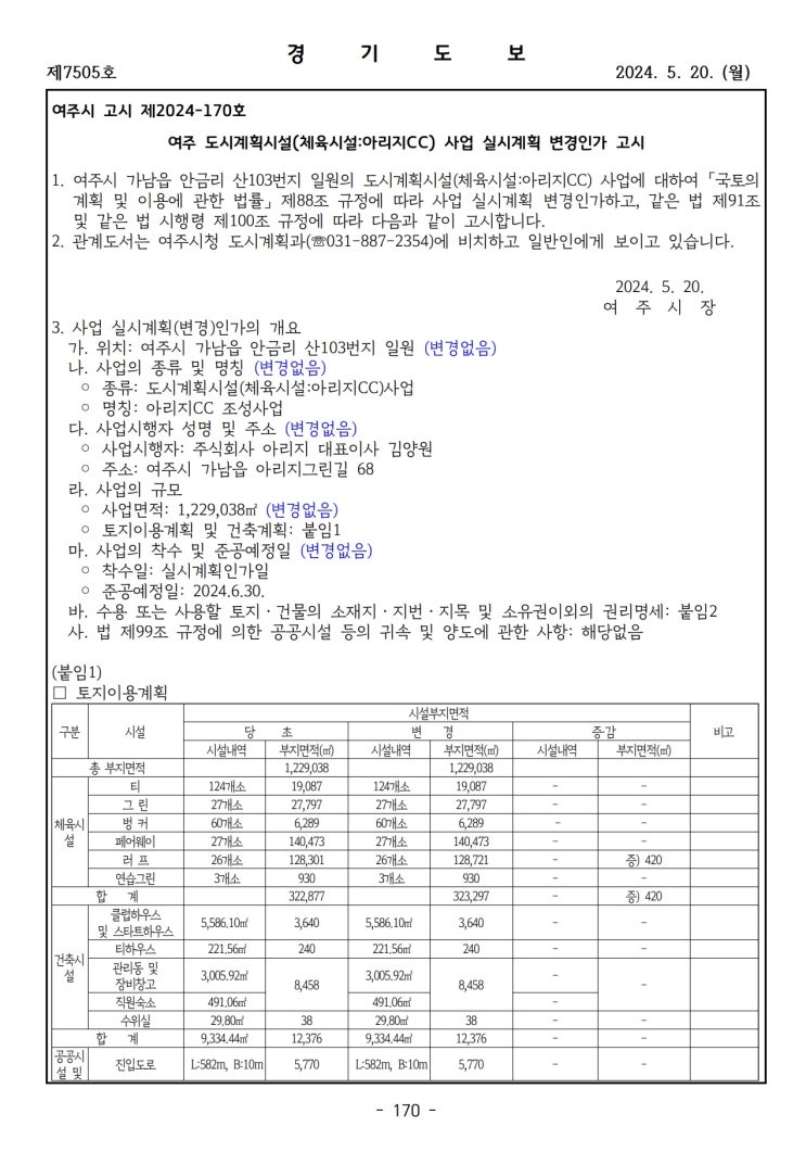  여주 도시계획시설(체육시설:아리지CC) 사업 실시계획 변경인가 고시