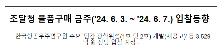조달청 물품구매 금주(’24.6.3. ~ ’24.6.7.) 입찰동향 조달청 물품구매 금주(’24.6.3. ~ ’24.6.7.) 입찰동향