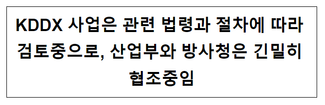 KDDX 사업은 관련 법령과 절차에 따라 검토중으로, 산업부와 방사청은 긴밀히 협조중임 KDDX 사업은 관련 법령과 절차에 따라 검토중으로, 산업부와 방사청은 긴밀히 협조중임