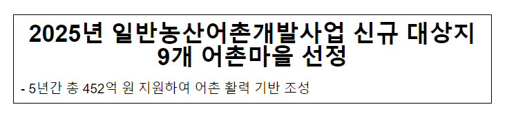 2025년 일반농산어촌개발사업 신규 대상지 9개 어촌마을 선정 2025년 일반농산어촌개발사업 신규 대상지 9개 어촌마을 선정