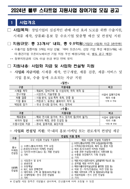2024년 블루 스타트업 지원사업 참여기업 모집 공고 2024년 블루 스타트업 지원사업 참여기업 모집 공고