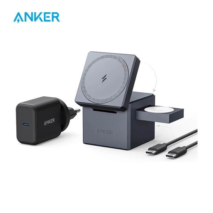  Anker 3-in-1 맥세이프 충전기 스탠드 큐브, 맥세이프 15W, 최대 고속 충전 스탠드, 아이폰 15 용 접이식 무선 충전기