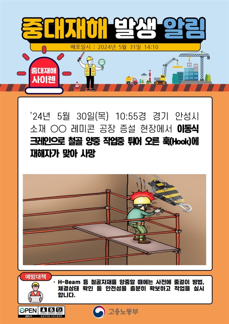  경기 안성시 00레미콘 공장 증설 현장 이동식 크레인 훅(HOOK) 맞음 사고