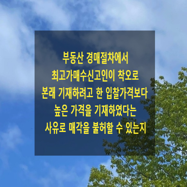  부동산 경매절차에서 최고가매수신고인이 착오로 본래 기재하려고 한 입찰가격보다 높은 가격을 기재하였다는 사유로 매각을 불허할 수 있는지