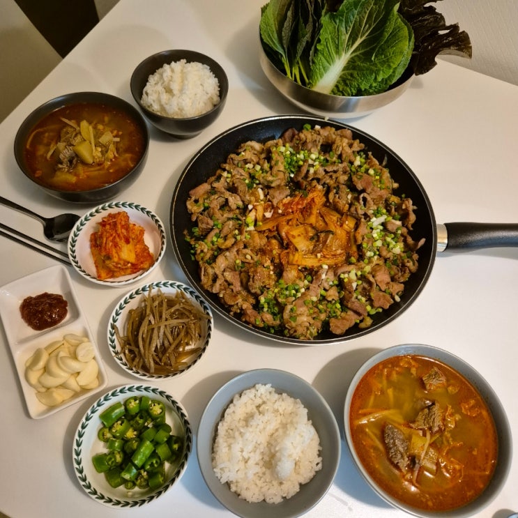  신혼부부 밥상 술상 16탄(김치찌개, 샤브샤브, 만두전골, 돼지갈비찜, 삼겹살, 제육볶음, 향어, 유부초밥, 오리훈제 찜, 중국식 계란탕, 연탄 불고기, 닭발, 참이슬)