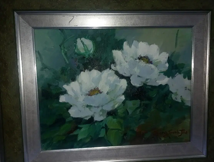  "古傳美 흰꽃이 보기좋은 유화그림 액자 포함 입니다 멋진 그림 들여가세요"유화그림 판매 / 강아지 고양이 해외출국 반려동물 출국 서비스