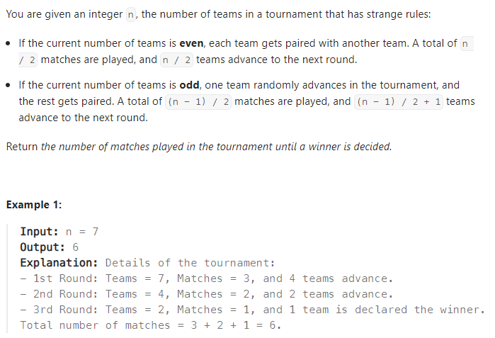  JAVA_LeetCode 1688_Count of Matches in Tournament