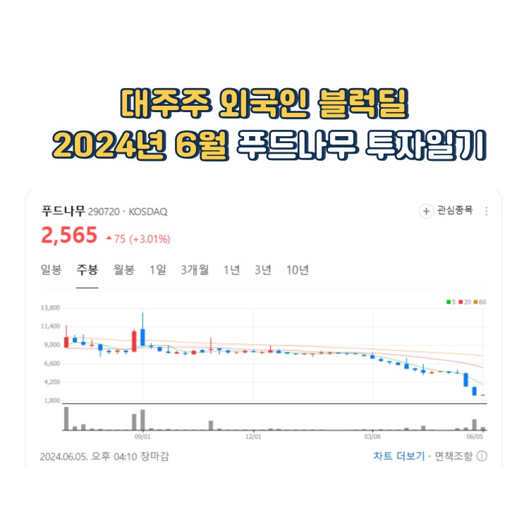  대주주 외국인 블럭딜 2024년 6월 푸드나무 투자일기