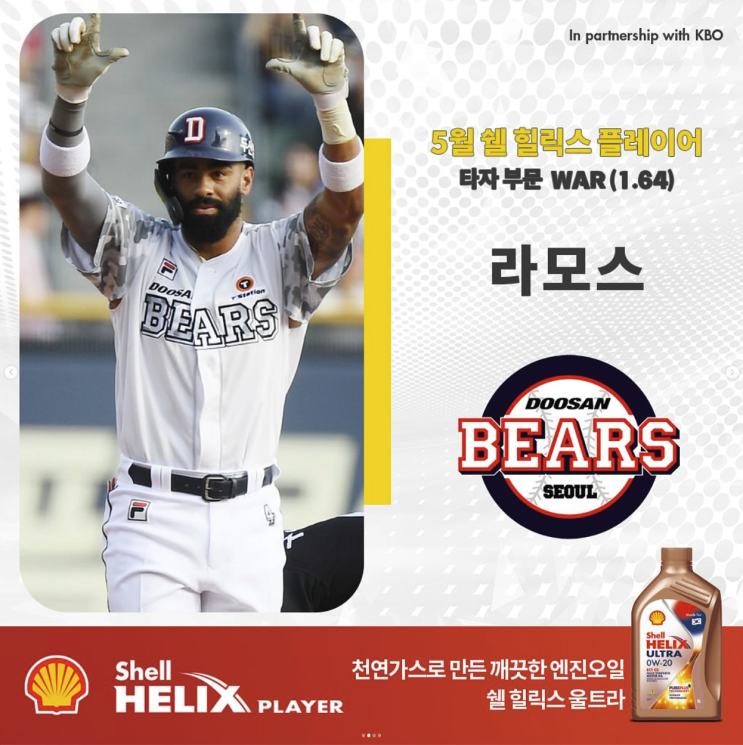 5월 <b>쉘 힐릭스 플레이어</b>의... 쿠에바스(KT)와 라모스(<b>두산</b>)