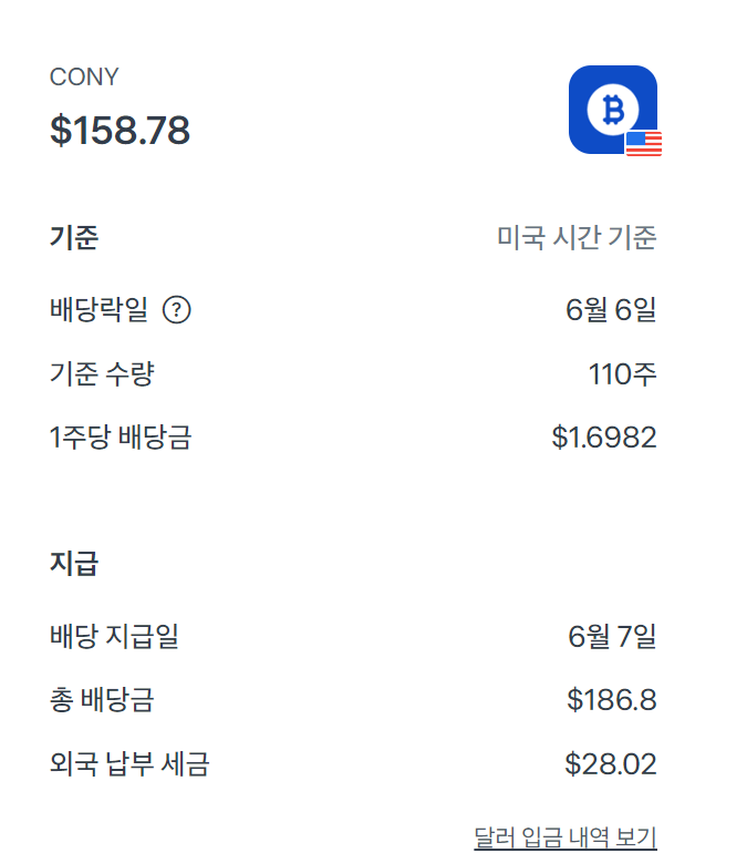  미국 주식 CONY, YBIT 6월 배당 지급 완료!