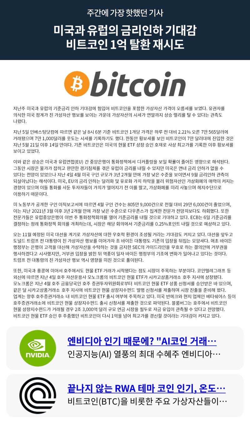 빗썸 위클리리포트] 미국과 유럽의 금리인하 기대감 비트코인 1억 탈환 재시도 : 네이버 블로그