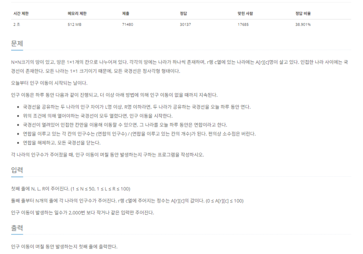  백준 16234번 '인구 이동' 파이썬(Python) / 구현, 시뮬레이션, 그래프 탐색(BFS/DFS)
