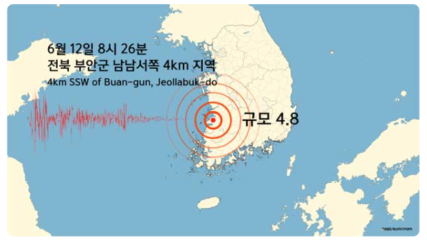 전북 <b>부안 지진</b> 발생 남남서쪽 4km지역에  규모 4.8... 