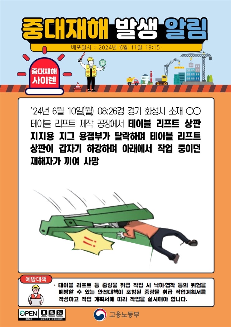  경기 화성시 00테이블 리프트 제작 공장    테이블 리프트 끼임 사고