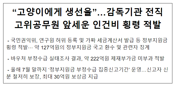 “고양이에게 생선을”…감독기관 전직 고위공무원 앞세운 인건비 횡령 적발 “고양이에게 생선을”…감독기관 전직 고위공무원 앞세운 인건비 횡령 적발