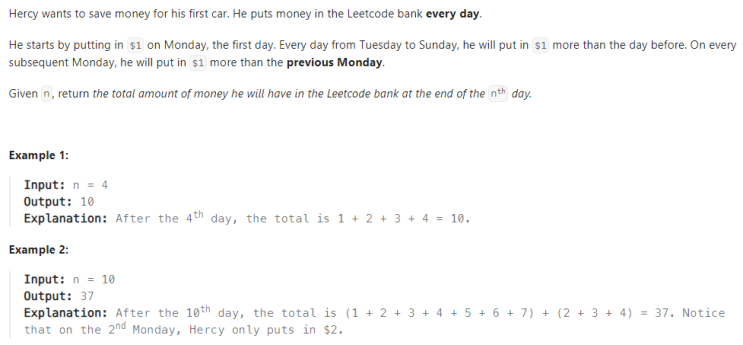  JAVA_LeetCode 1716_Calculate Money in Leetcode Bank