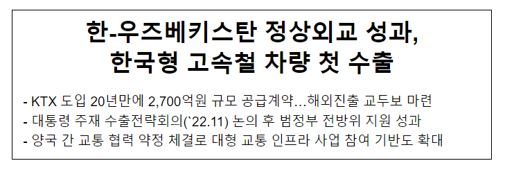 한-우즈베키스탄 정상외교 성과, 한국형 고속철 차량 첫 수출 한-우즈베키스탄 정상외교 성과, 한국형 고속철 차량 첫 수출