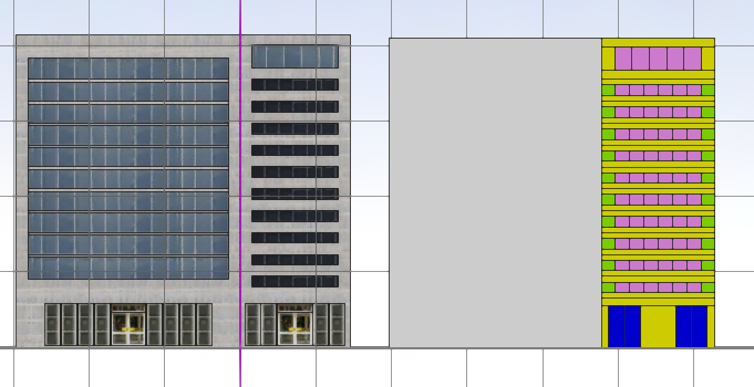 Textured gray building facade on the left, colored facade with purple windows and blue ground-floor panels on the right