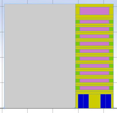 Yellow facade: one wide purple band per row, four blue panels at the bottom, gray block on the left