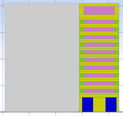Yellow facade: one wide purple band per row, two blue panels at the bottom, gray block on the left