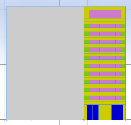 Yellow facade: six purple panels per row, one wide purple panel on top, four blue panels at the bottom