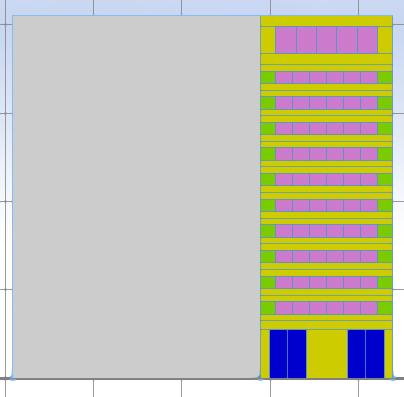 Yellow facade: six purple panels per row, five purple panels on top, four blue panels at the bottom