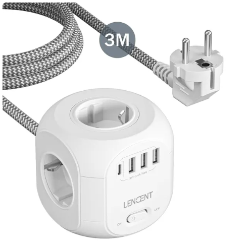  LENCENT 플러그 멀티탭, AC 콘센트 4 개, USB 포트 3 개, 1 타입 C, 2M, 3M 편조 케이블, 가정용 스위치 포함 멀티 소켓