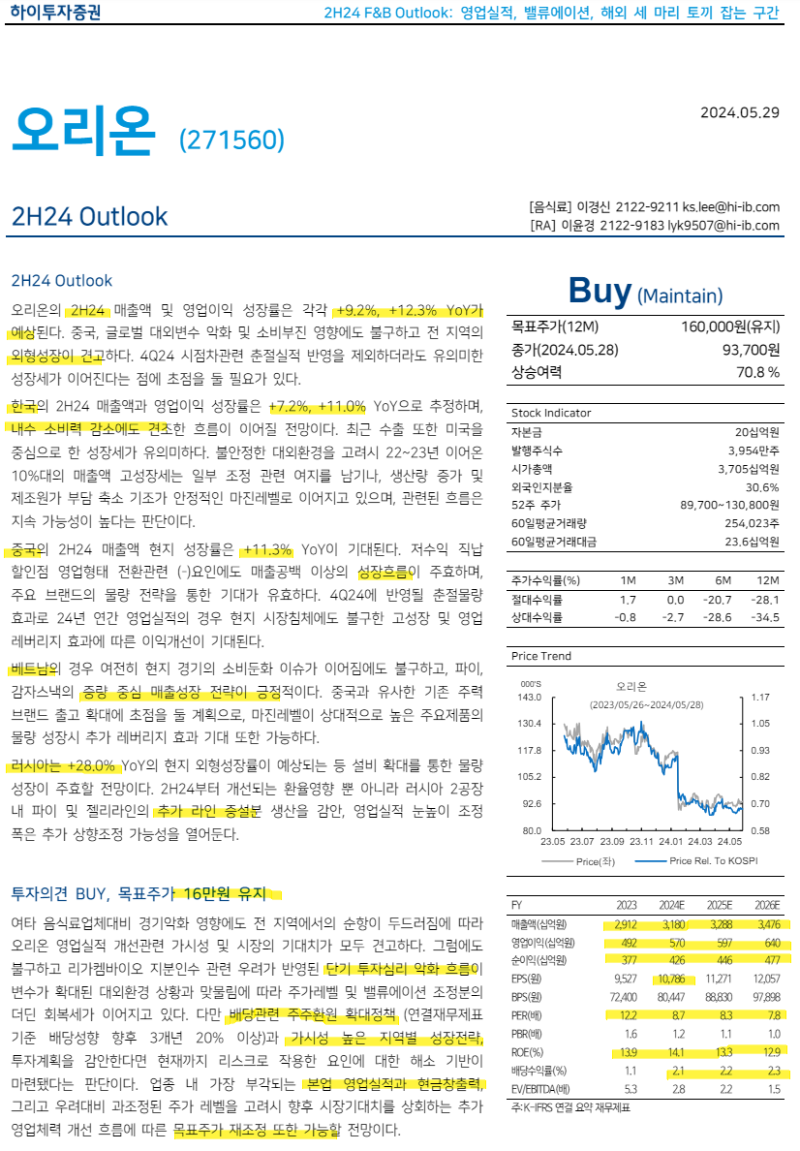 240616_오리온 리포트 읽기 (시총 3.9조, 하이투자) : 네이버 블로그