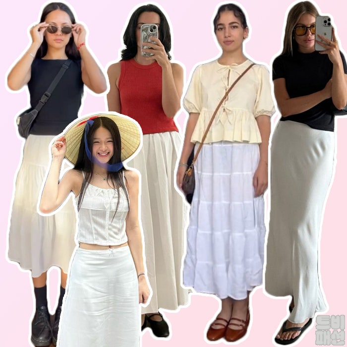 화이트롱스커트 코디 제안 흰색롱치마 데일리룩 엿보기
