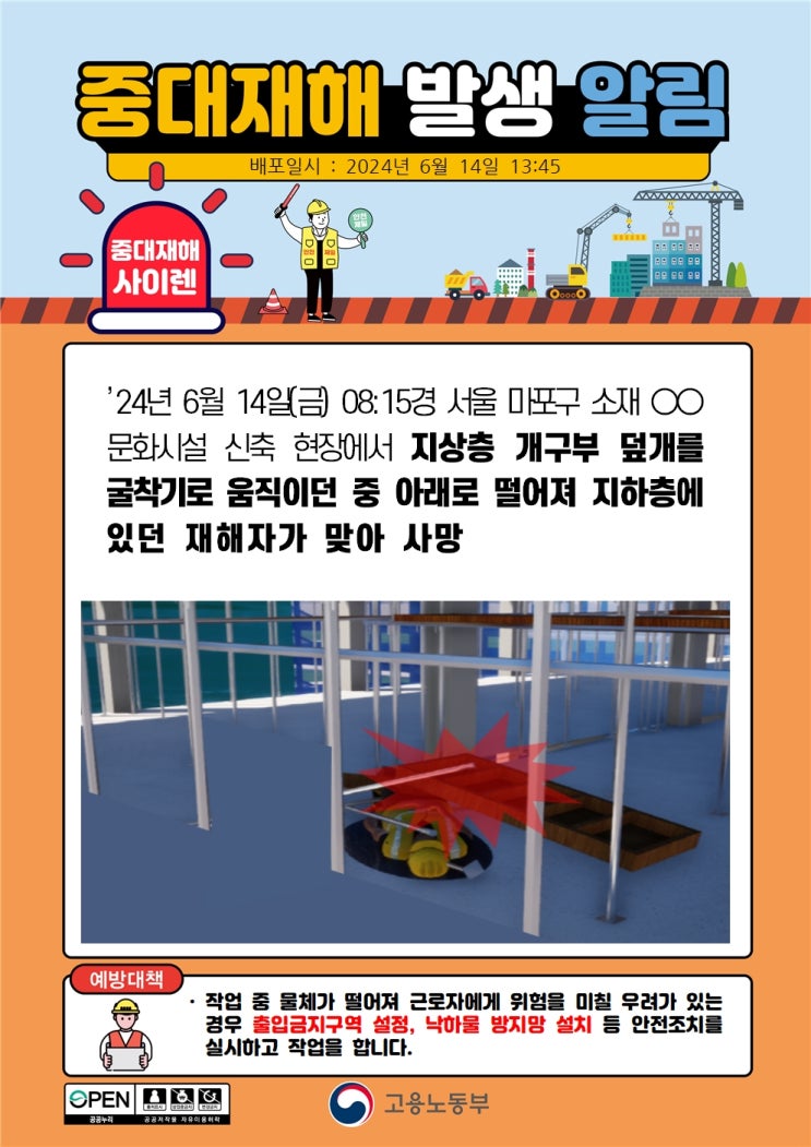  서울 마포 00문화시설 신축 현장 개구부 덮개 맞음 사고