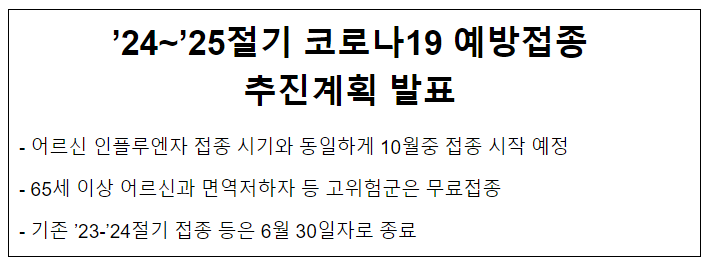 ’24~’25절기 코로나19 예방접종 추진계획 발표(6.17.월) ’24~’25절기 코로나19 예방접종 추진계획 발표(6.17.월)