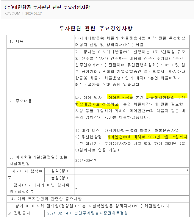  대한항공 에어인천 우선협상대상자 선정 공시, 인화정공 에어인천 이행보증금 대여