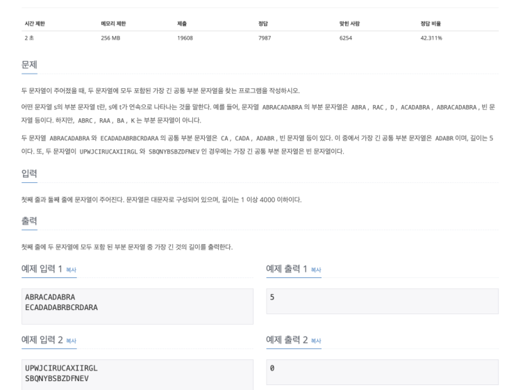  백준 5582번 '공통 부분 문자열' 파이썬(Python) / 투 포인터, DP