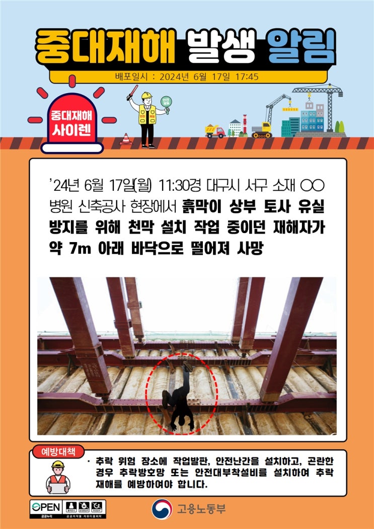  대구 서구 00병원 신축 현장 토사 유실 방지 천막 설치 중 떨어짐 사고