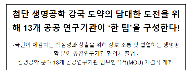 첨단 생명공학 강국 도약의 담대한 도전을 위해 13개 공공 연구기관이 ‘한 팀’을 구성한다! 첨단 생명공학 강국 도약의 담대한 도전을 위해 13개 공공 연구기관이 ‘한 팀’을 구성한다!