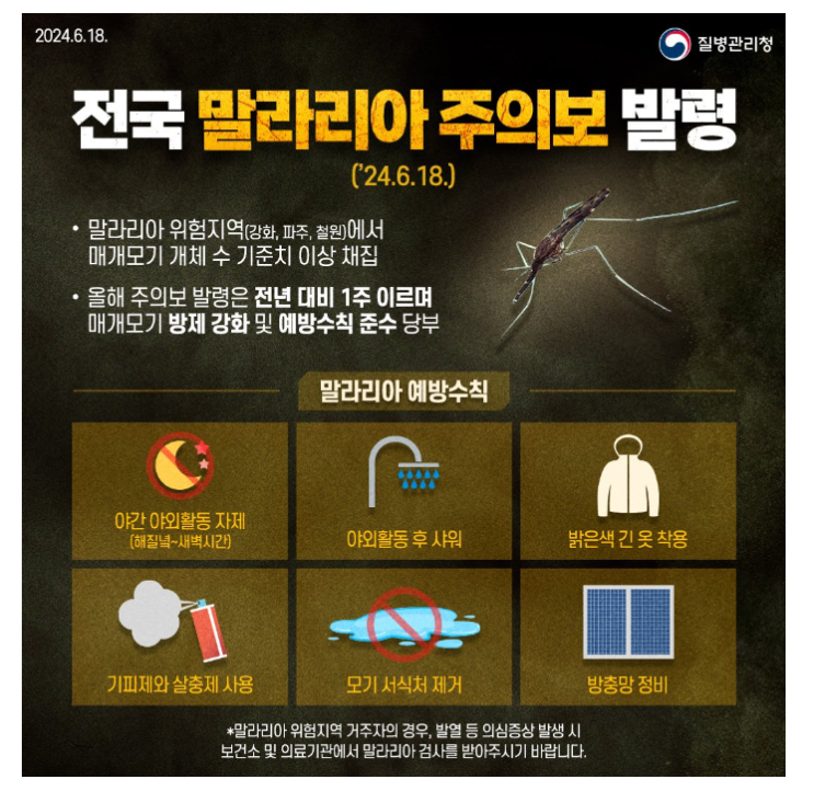  말라리아 증상 위험지역(강화,파주,철원) 전국 말라리아주의보 발령