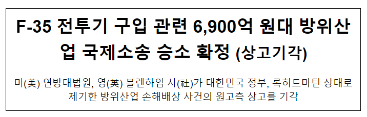 F-35 전투기 구입 관련 6,900억 원대 방위산업 국제소송 승소 확정 (상고기각) F-35 전투기 구입 관련 6,900억 원대 방위산업 국제소송 승소 확정 (상고기각)
