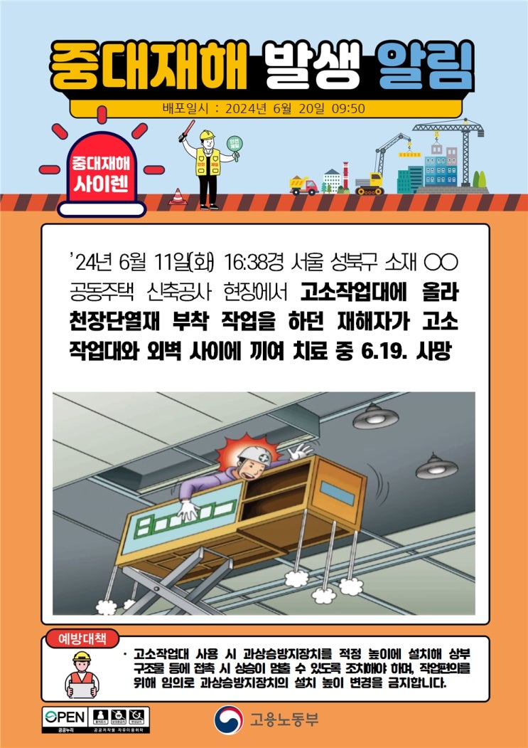  서울 성북구 공동주택 신축 현장 고소작업대 외벽 사이 끼임 사고