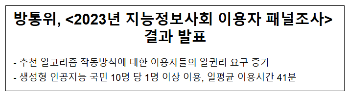 방통위, 2023년 지능정보사회 이용자 패널조사 결과 발표 방통위, 2023년 지능정보사회 이용자 패널조사 결과 발표