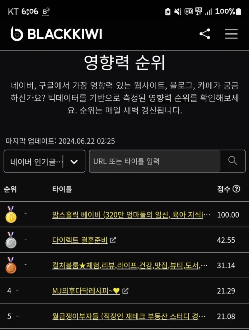 블랙키위로 알아보는 한국에서 가장 영향력 있는 웹사이트, 카페, 블로그 순위 : 네이버 블로그