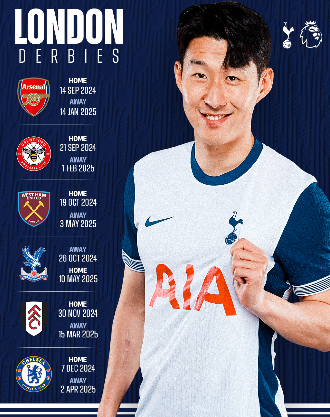  토트넘 홋스퍼FC,2024-2025시즌 프리미어리그 경기일정,8월20일  레스터시티 원정경기로 시즌 시작,EPL 첫 경기는 맨유와풀럼이 8월17일 열린다