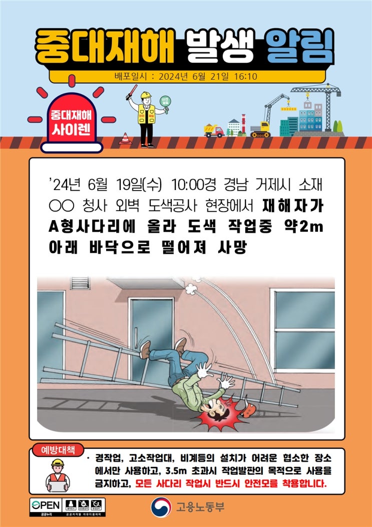  경남 거제시 00청사 외벽 도색공사 현장 A형사다리 떨어짐 사고